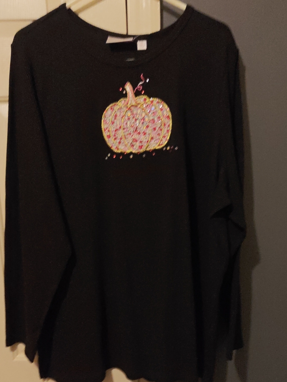 Quacker Factory Black Long-Sleeve Top with Sequin Pumpkin